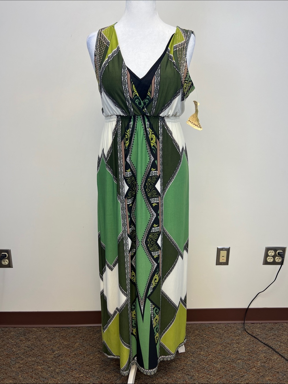 ONE WORLD Women’s Green / Gold Stretchy Sleeveless Boho Maxi Dress Size S